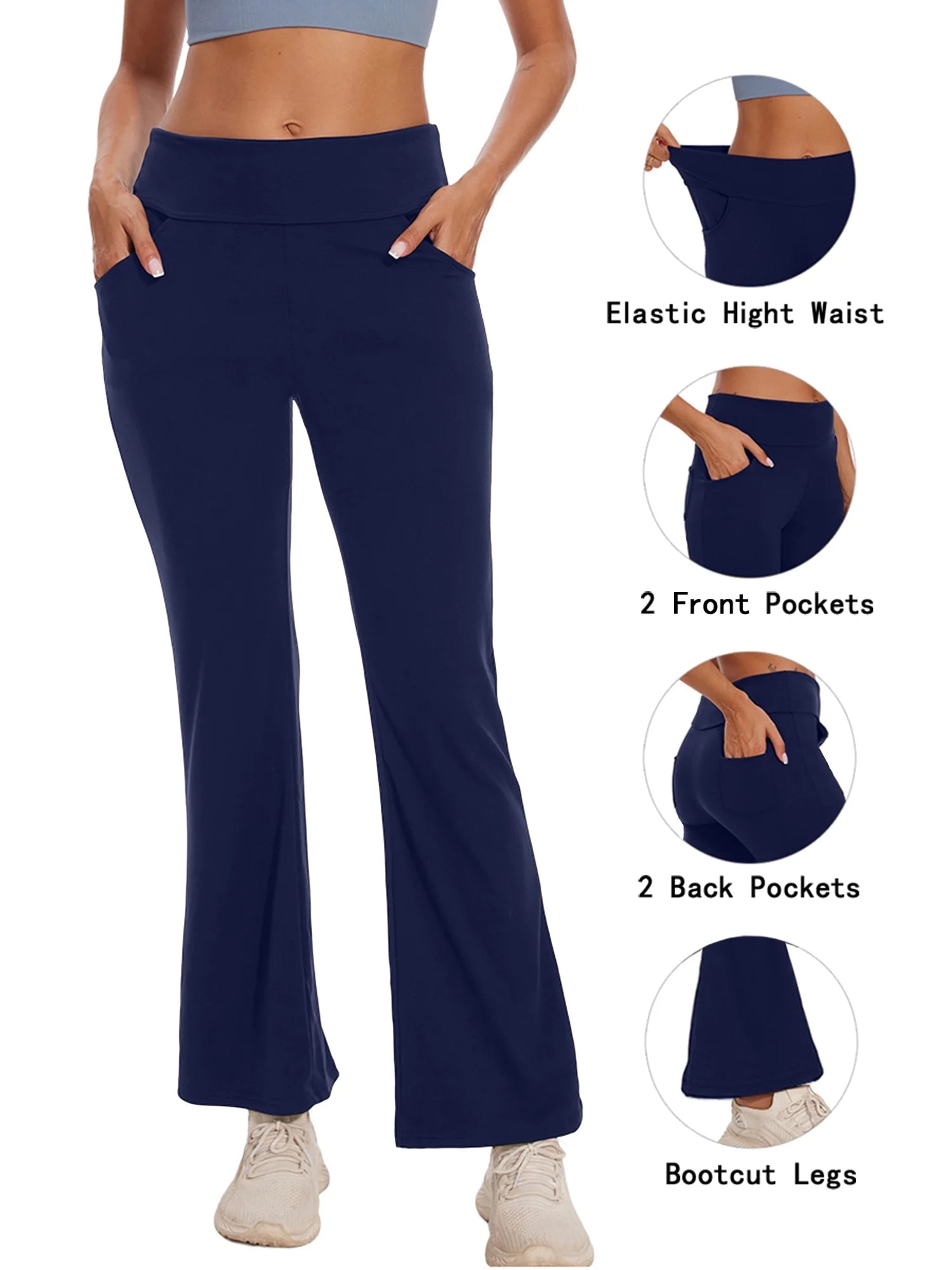 Womens Bootcut Yoga Pants with Pockets Flare Workout Legging High Waist Lightweight Bottoms Activewear Navy Blue 2XL